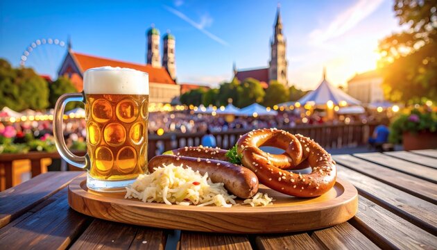 German bratwurst and sauerkraut with pretzel on a wooden bench during Oktoberfest, with Munich&rsquo;s Marienplatz in the background
