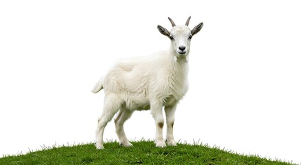 Fototapeta premium Young White Goat Standing on Green Grass in Bright Outdoor Setting