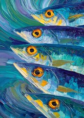 Oil Painting of Fish School in Ocean Waves