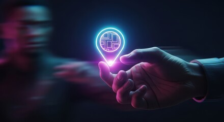 Futuristic hand hovering above interactive holographic map with glowing location pin, technology innovation concept showing digital navigation, geolocation, augmented reality interface
