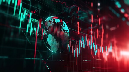 Global financial market trading chart with glowing earth and red green candlesticks