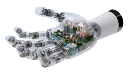 Robotic Hand in Modern Design: A clear, translucent robotic hand showcases intricate internal mechanisms, a testament to futuristic technology and innovation. 