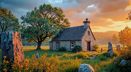 Quaint Stone Cottage in Wildflower Meadow at Sunset with Historic Charm
