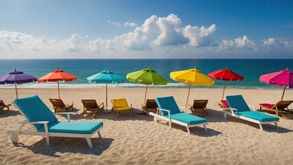 Colorful Beach Umbrellas and Deck Chairs on Sandy Beach