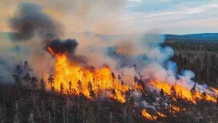 Devastating forest fire rages through a dry pine forest, sending huge plumes of smoke into the sky, highlighting the urgent global climate change crisis and environmental destruction.