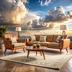 Living room set with sunset view