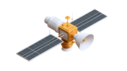 Satellite in Space: A detailed, futuristic satellite with solar panels is isolated, offering a perspective on space exploration, technology, and scientific advancement.