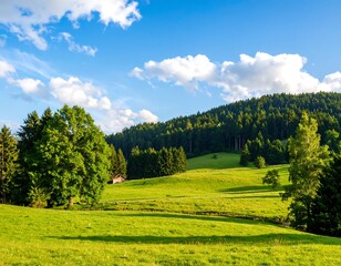 Obraz premium Lush meadow, forest, hills, blue sky