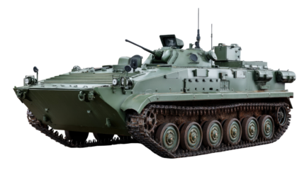 Armored Personnel Carrier: A formidable armored personnel carrier, designed for military transport and combat, showcases its robust design, tracks, and weaponry