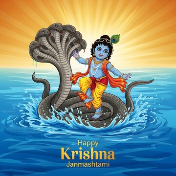 Lord krishna triumphs over serpent kaliya in yamuna river