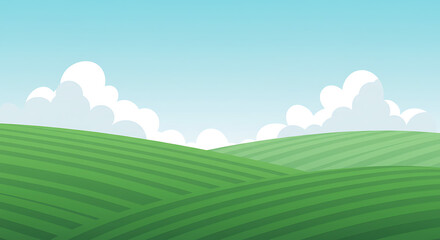 A serene rural landscape with vibrant green rolling hills under a summer sky. A tranquil countryside graphic illustration for backgrounds.