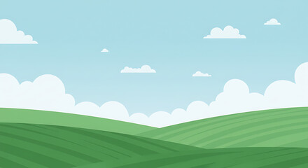 Obraz premium Scenic Green Landscape with Clouds and Rolling Hills Flat Design Illustration