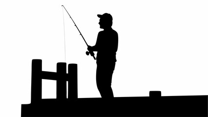 Obraz premium Silhouette of a fisherman casting a fishing rod from a pier with wooden posts against a white background