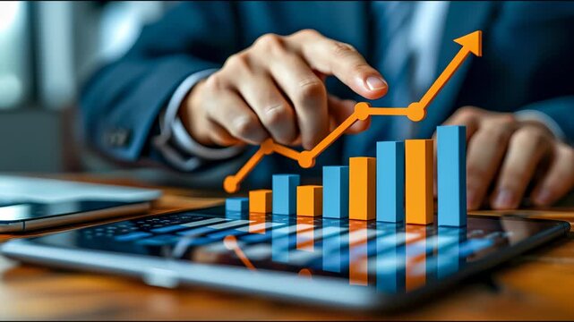 Businessman pointing at a computer tablet above which the columns of the quote graph rise, an arrow rises above the columns.