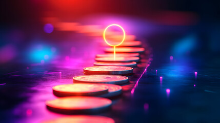 Neon Coins Stacked, Pathway to Financial Success, Investment and Growth