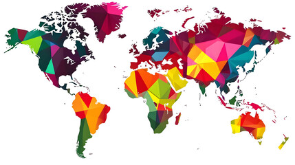 World map, colorful polygon design.  Detailed world map, filled with vibrant, geometric shapes
