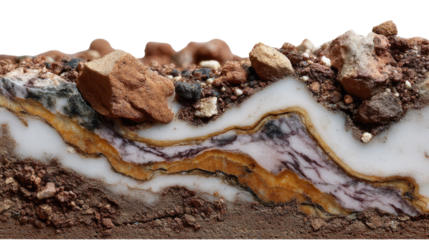 Layered Earth Cross-Section: An intricate, cross-sectional view reveals a detailed, layered composition of soil, rock, and geological formations. It evokes a sense of wonder and discovery.