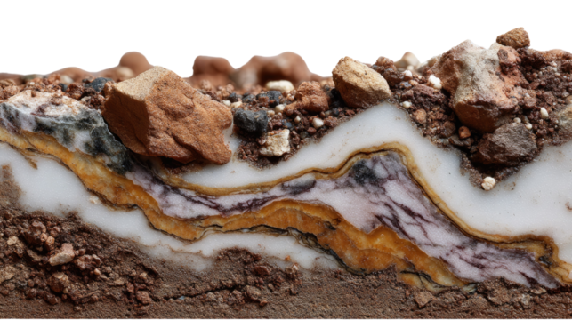 Layered Earth Cross-Section: An intricate, cross-sectional view reveals a detailed, layered composition of soil, rock, and geological formations. It evokes a sense of wonder and discovery.