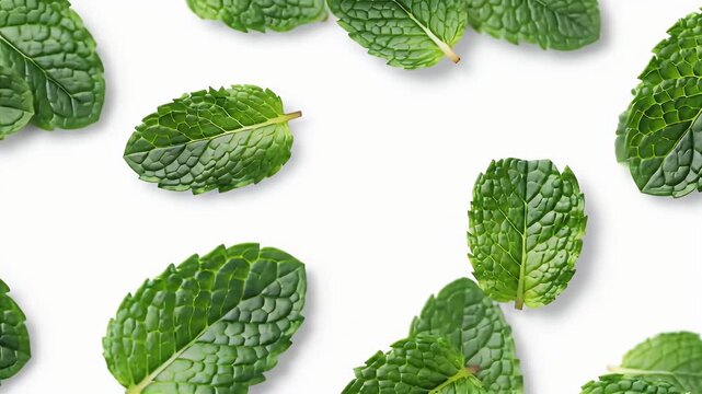 Scattered Fresh Green Mint Leaves on a White Background Top View for Decoration