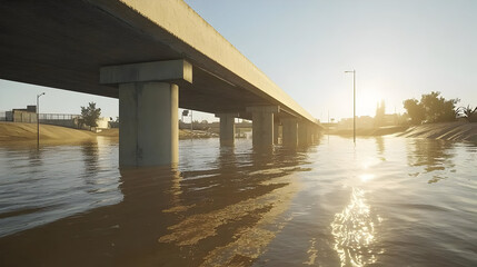 Floodwaters under a highway bridge at sunrise.  A concrete overpass spans a flooded roadway.  Sunrise illuminates the water, reflecting light.  Calm water mirrors the sky