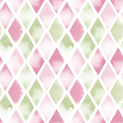 Pattern of rhombuses in green and pink colors watercolor illustration. Ornament of rhombuses in delicate spring colors. White diagonal grid on watercolor spots. Geometric abstract background