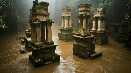 Ancient stone structures submerged in murky water,  amidst a misty jungle