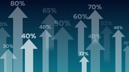 Animated upward arrows with increasing percentages on binary code background. Represents business growth, financial success, data statistics, market trends, and technological progress. - Powered by Adobe
