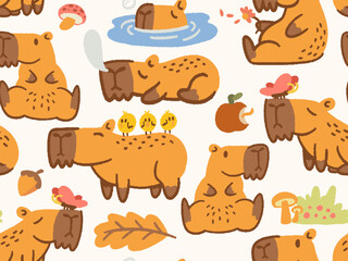 Obraz premium Cute Capybara Cartoon Doodle Seamless Pattern Illustration