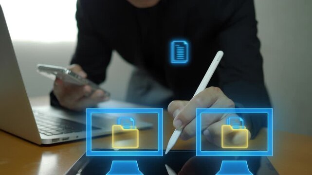 Motion graphic of of secure document transfer between computers icons on virtual screen. Ideal for workflow automation, file sharing, cloud sync, and business communication systems.