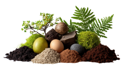 Natural Elements Display: A harmonious arrangement of diverse natural elements, from earthy soil and verdant flora to organic elements, evokes a sense of raw, unspoiled beauty.