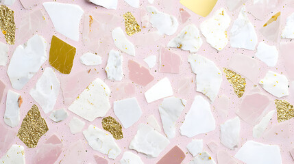 Pink terrazzo surface with gold and white accents.  Textured, mosaic pattern