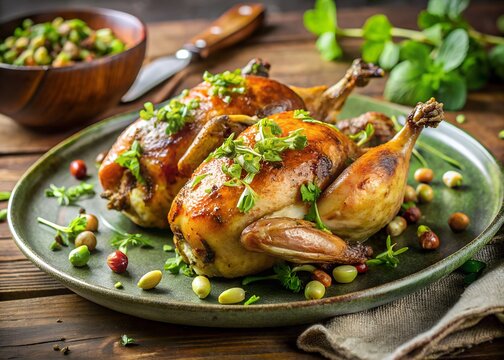 Two roasted quails are served with herbs and nuts on a green plate