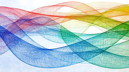 Abstract rainbow waves on white background.  Colorful, flowing,  and intertwined lines create dynamic curves