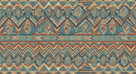 A repeating pattern of geometric shapes and stylized floral motifs in earthy tones.