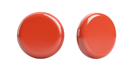 Two glossy, coral-red, circular objects, side-by-side on a black background.  They appear smooth and rounded