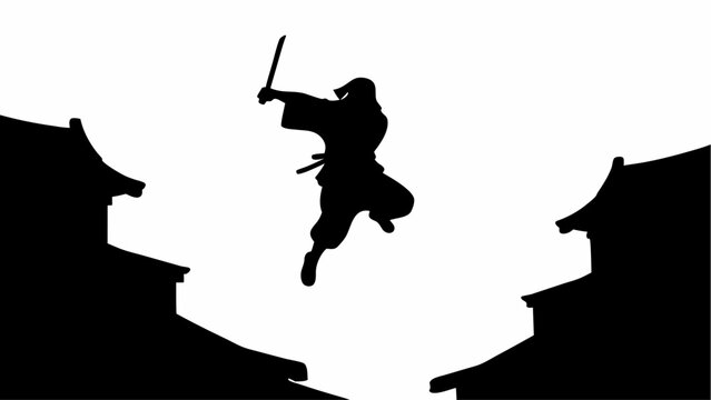 Silhouette of a ninja warrior jumping with a sword between two buildings in a dramatic black and white scene