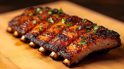 Fototapeta premium Deliciously glazed pork ribs on a wooden board