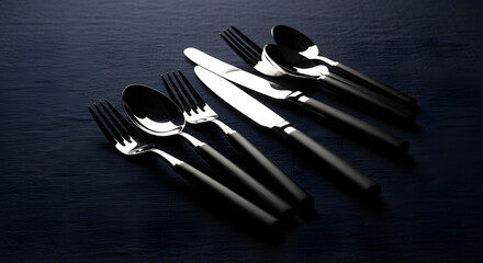 Elegant cutlery set with a knife, fork, and spoon on a dark surface