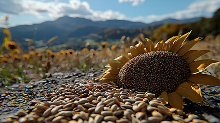 Mature sunflower resting on seeds, field of fading sunflowers, mountain backdrop