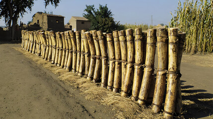 Wooden posts form a rustic fence, lined with tied poles.  A dirt road runs alongside the  fence.  Simple rural buildings and crops are visible in the background