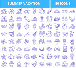 Set of summer vacation icons in blue outline on transparent background  