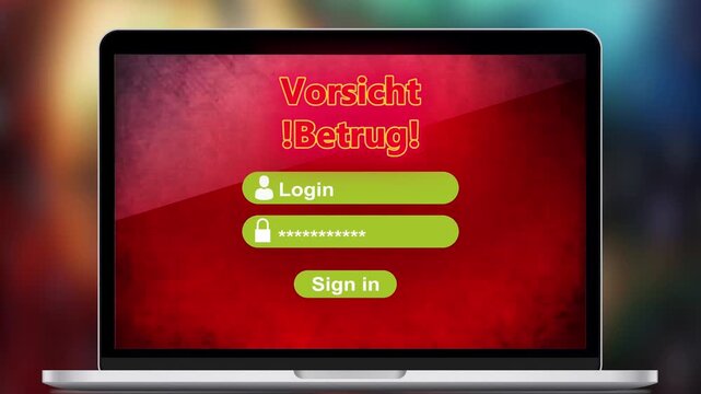 Ein Computer, Login in Online-Banking und Warnung vor einem Betrug