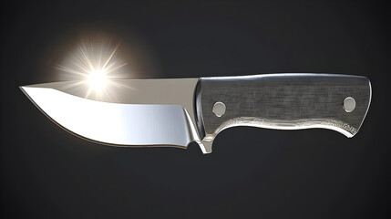 A fixed blade knife,  sharp,  and modern.  The blade is polished,  handle is textured.  Light highlights the blade