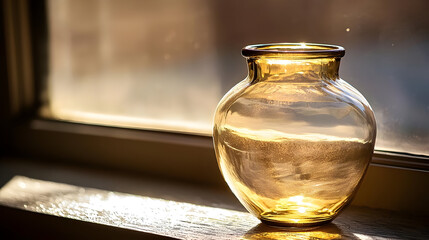 Amber glass vase on windowsill, sunlit