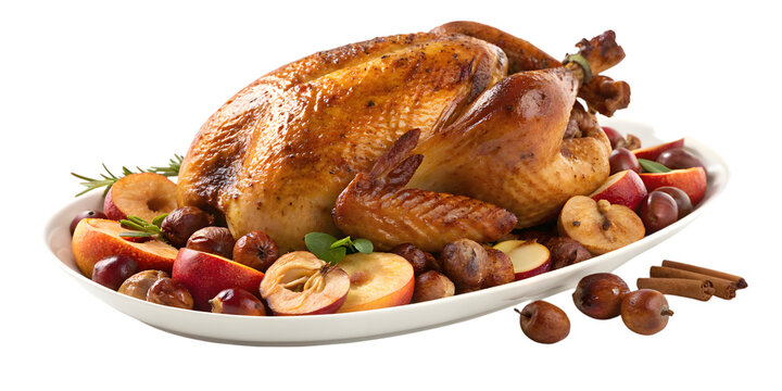 Savory roasted chicken centerpiece with fresh apples chestnuts and cinnamon sticks perfect for festive holiday gatherings