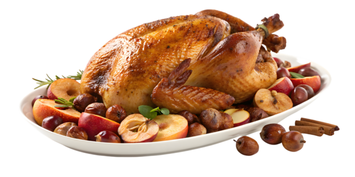 Savory roasted chicken centerpiece with fresh apples chestnuts and cinnamon sticks perfect for festive holiday gatherings - Powered by Adobe