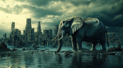 Gray ruins, water, and an elephant in a ruined city.