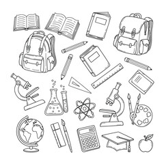 Back to School Education Supplies Doodle Set Vector Illustration.

