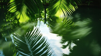 Palm leaves reflected in tranquil water.
