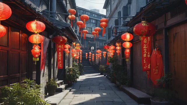 Bright red paper lanterns hang gracefully in a residential alley, creating a festive atmosphere. Spring couplets and banners sway in the gentle breeze, enhancing the cultural celebration